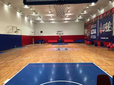 Общий вид баскетбольного зала ЦСКА с синими и красными протекторами по периметру стен