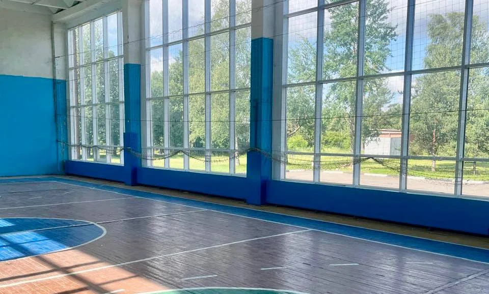 Синие стеновые протекторы на несущих колоннах между окнами спортзала
