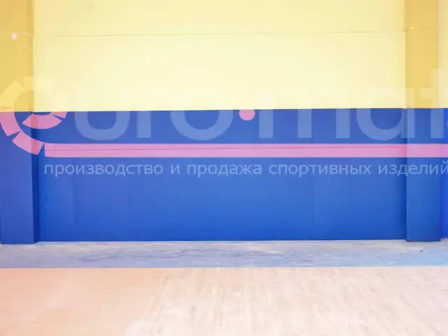 Синие стеновые протекторы на жёлтой стене