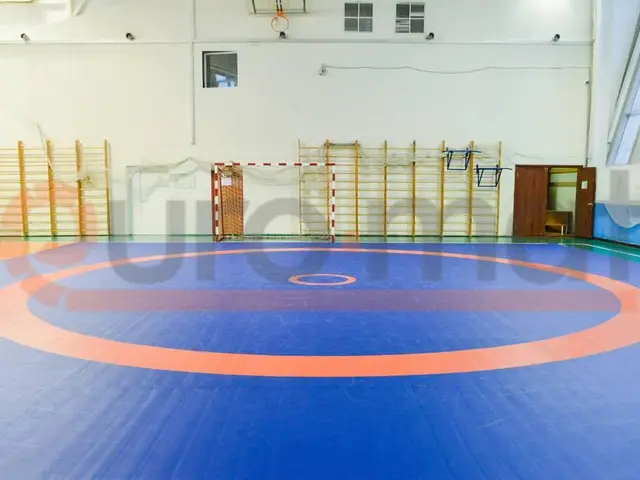 Оранжевая круговая разметка синего борцовского ковра