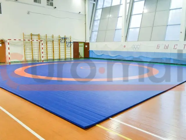 Синие ролл-маты с оранжевым кругом и открытым углом
