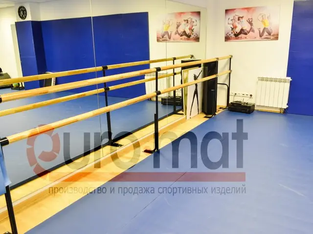 Синий настил и стеновые панели возле балетного станка