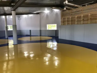 Широкий вид на сине-жёлтый борцовский ковер с тремя зонами борьбы и серые протекторы в зале Калининграда