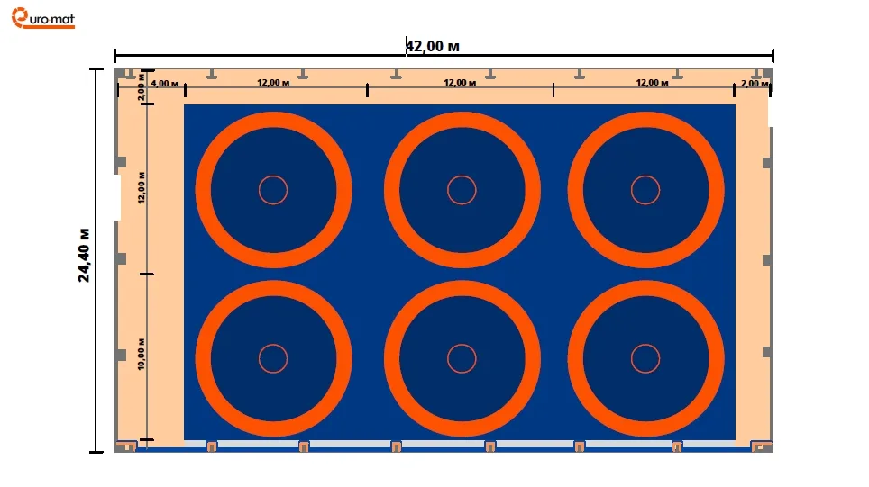 План 1-й зоны борьбы: центральное поле 9×9 м для старта и бросков