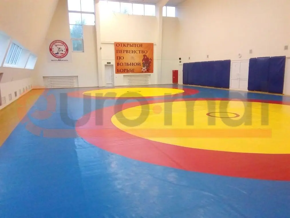 Борцовский ковёр жёлто-красно-синий в зале вольной борьбы с протекторами