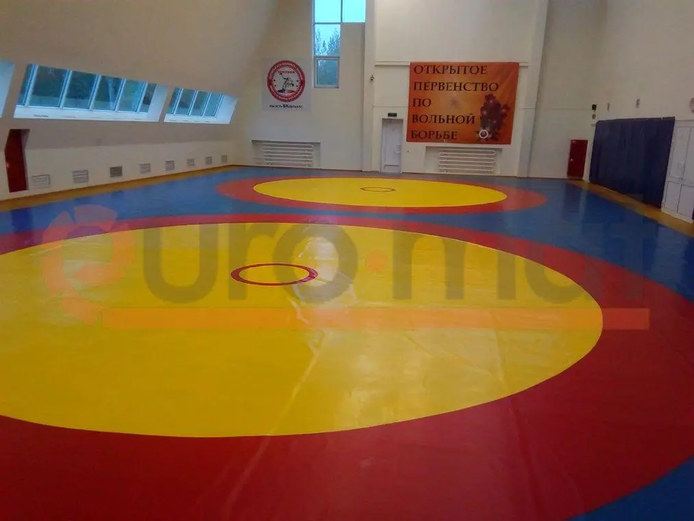 Борцовский ковёр крупным планом: жёлтый центр, красная и синяя зоны