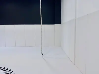 Угол зала «Седьмой император» — белые протекторы и борцовский ковер, тёмные стены и канат