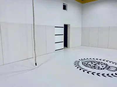 Широкий вид на белый борцовский ковер с логотипом, белые протекторы, дверь и канат в зале