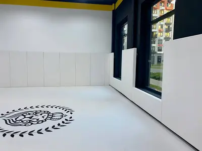 Белый борцовский ковер с логотипом льва и стеновые протекторы в зале с видом на жилой дом из окна