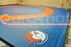 Борцовский ковёр с логотипом Ленинградской федерации борьбы в зале