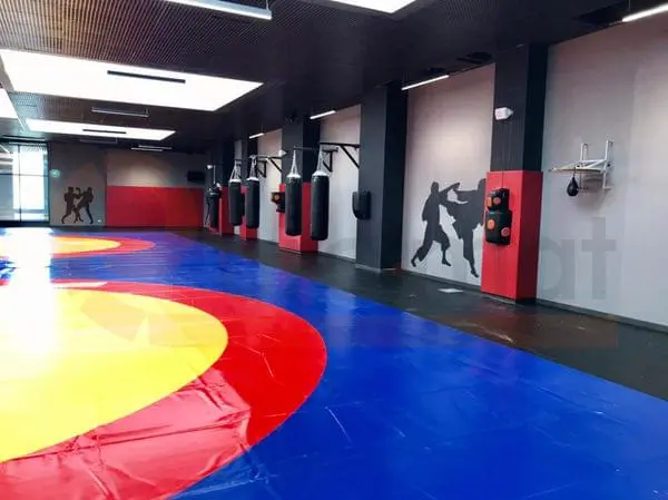 Борцовский ковёр с жёлто-красно-синей разметкой и красные стеновые протекторы на колоннах в зале единоборств в Москве