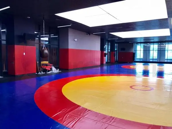 Борцовский ковёр сине-красно-жёлтый и красные стеновые протекторы с боксёрской грушей в зале единоборств в Москве