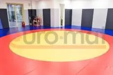 Борцовский ковёр жёлто-красно-синий в зале борьбы со стеновыми протекторами и спортивным инвентарём