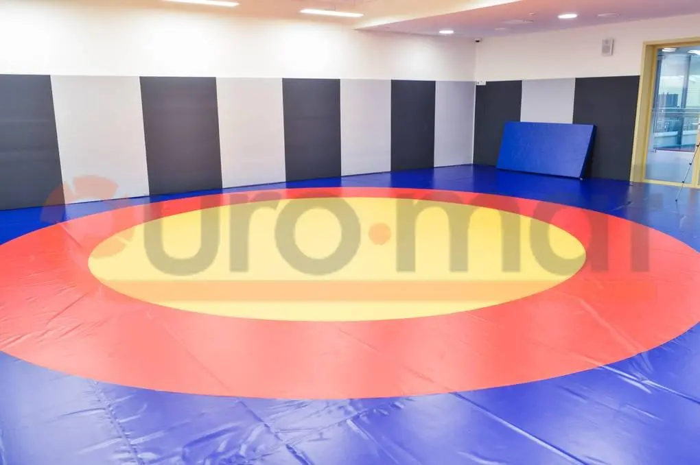 Борцовский ковёр с жёлто-красно-синими кругами и стеновые протекторы в зале борьбы с синим складным матом