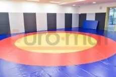 Борцовский ковёр с жёлто-красно-синими кругами и стеновые протекторы в зале борьбы с синим складным матом