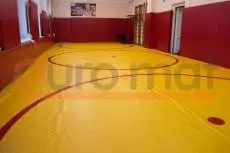Жёлтый борцовский ковёр с красной разметкой и красные стеновые протекторы в зале борьбы