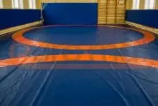 Сине-оранжевый борцовский ковёр с круговой разметкой и синие стеновые протекторы