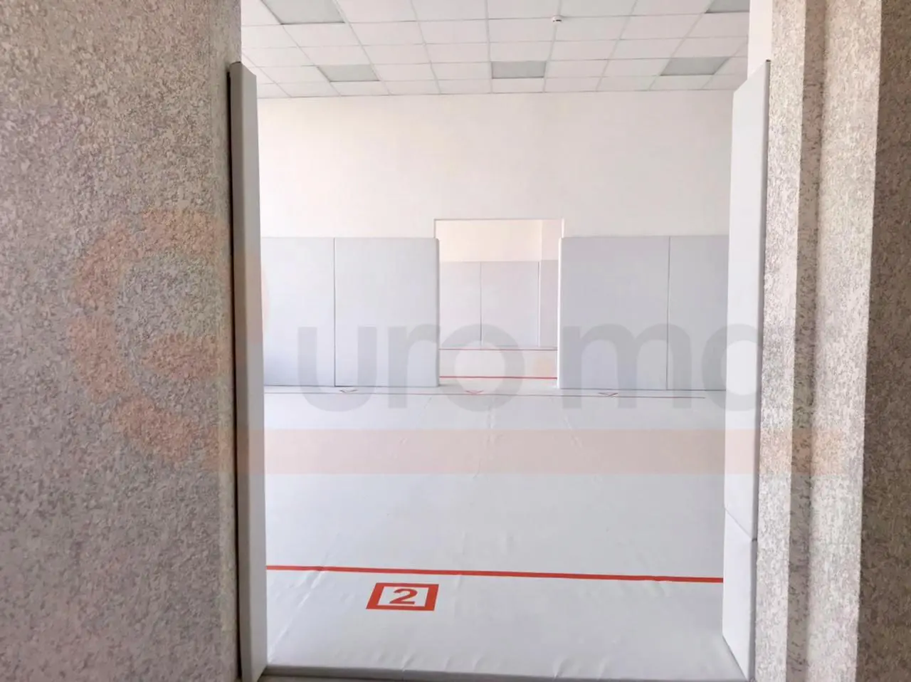 Вид через дверной проём на борцовский зал в Анапе с белым ковром, красной разметкой и стеновыми протекторами