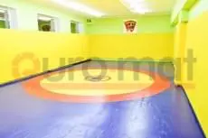 Борцовский ковёр в зале борьбы, жёлтые стеновые протекторы по периметру