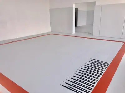 Белый борцовский ковёр с красной каймой и разметкой, вид на второй зал через проём