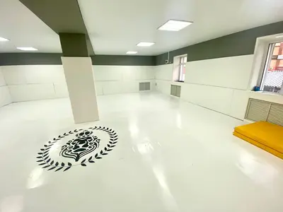 Зал единоборств с белым ковром и логотипом Император, белыми протекторами и жёлтым матом