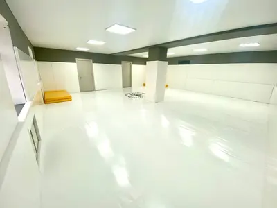 Широкий вид зала единоборств: белый ковёр с логотипом, протекторы, двери и жёлтый мат