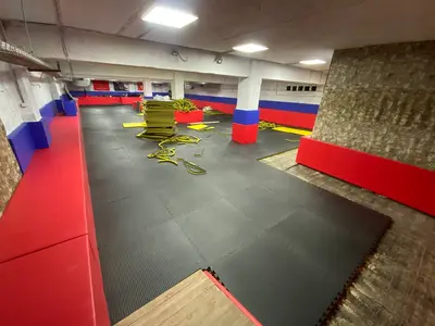 Черные будо-маты на полу и трёхцветные протекторы (сине-красные) в зале ЦСПВ Витязь Астрахань