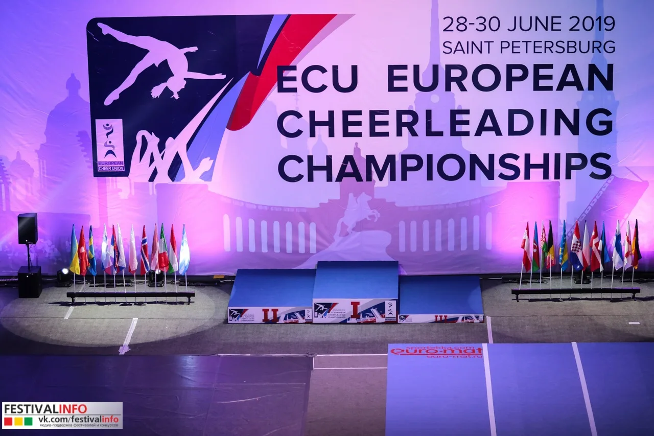 Сцена Чемпионата Европы ECU с подиумом, логотипом ЕВРОМАТ и флагами стран