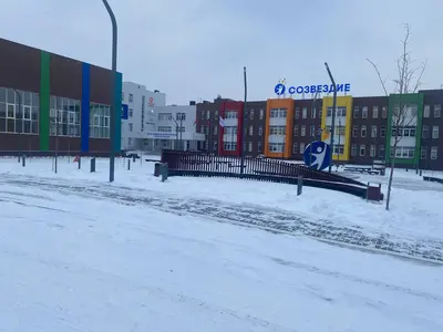 Здание центра «Созвездие» в Новомосковске зимой — яркий фасад с вывеской