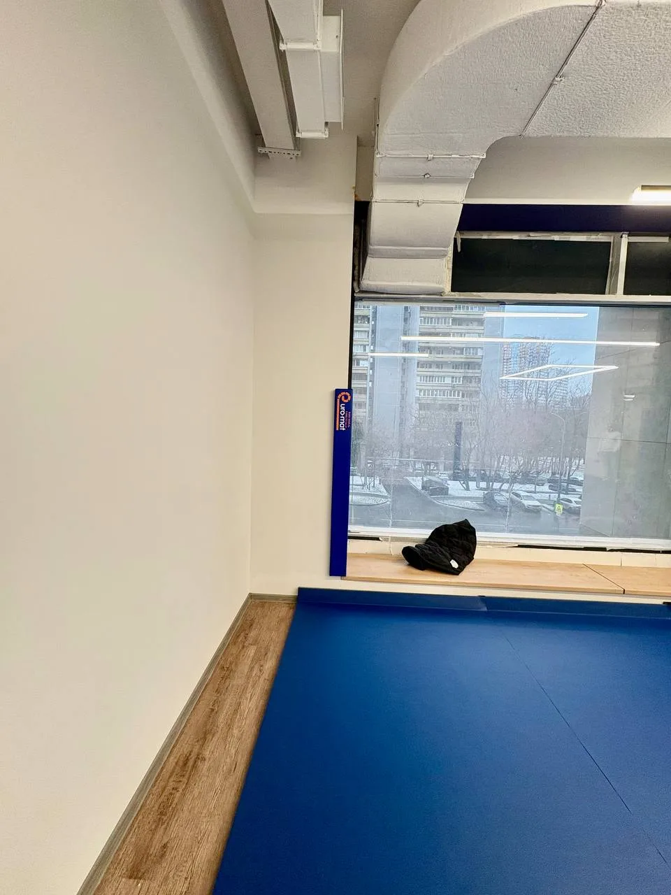 Синий ролл-мат на полу и защитный протектор на колонне с логотипом Евромат в зале школы