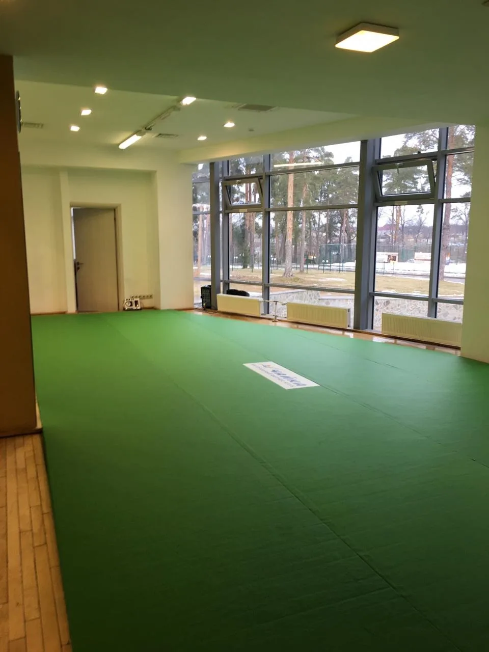 Зелёный ролл-мат трапециевидной формы в фитнес-зале загородного отеля с панорамными окнами