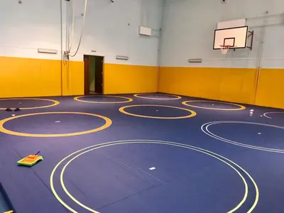 Синий ролл-мат с жёлтой разметкой на 9 зон борьбы и жёлтые стеновые протекторы в зале СШОР