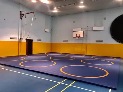 Общий вид зала СШОР с синим ролл-матом, жёлтыми протекторами и баскетбольным щитом