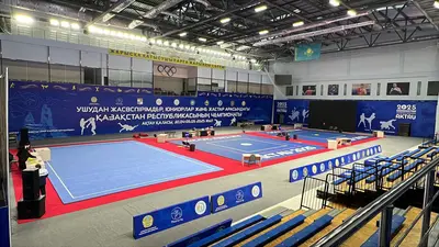 Две соревновательные площадки на сине-красных ролл-матах, общий вид зала турнира ушу