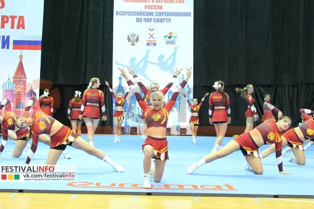 Ролл-маты на сцене чир спорта, команда РАНХИГС в красно-жёлтой форме