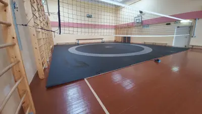 Чёрный ролл-мат для борьбы в спортзале Кричева — вид на зону борьбы с серой разметкой