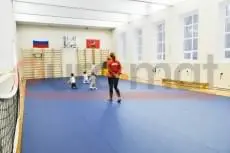 Синие ролл-маты в школьном спортзале, дети занимаются дзюдо с тренером