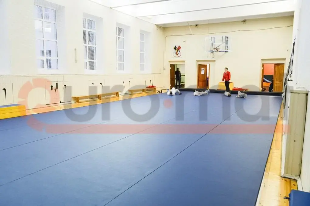 Синие ролл-маты в школьном спортзале с шведскими стенками и баскетбольным щитом