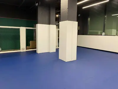Белые протекторы на бетонных колоннах, синий ролл-мат и клетка MMA в зале борьбы на Мосфильмовской