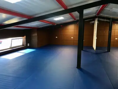 Широкий план частного зала единоборств — синий ролл-мат, деревянные панели, зеркала, красные потолочные балки