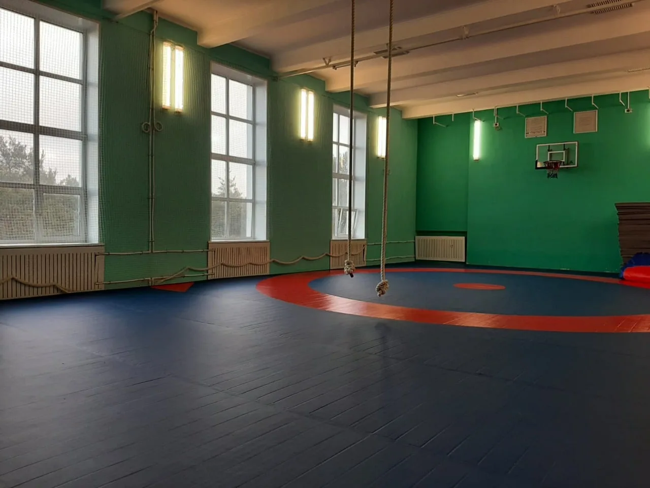 Синий борцовский ролл-мат с красной круговой разметкой в спортзале школы с зелеными стенами