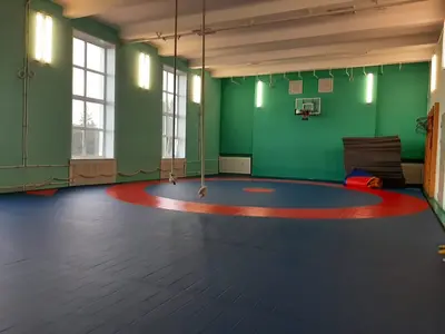 Синий борцовский ролл-мат с красной разметкой в школьном спортзале с баскетбольным кольцом и шведской стенкой