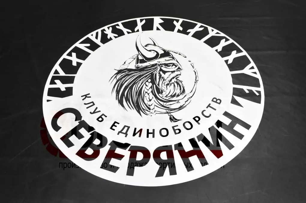 Логотип клуба Северянин на чёрном виниловом покрытии октагона крупным планом