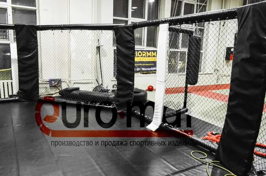 Октагон ММА сбоку с открытыми воротами и чёрным покрытием в клубе Северянин