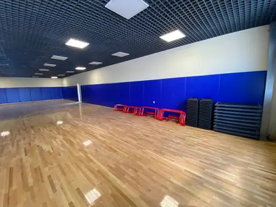 Синие стеновые протекторы в большом зале Академии хоккея Михайлова, деревянный пол и красные барьеры