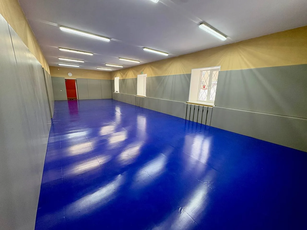 Вход в зал борьбы Красный Электрик с серыми протекторами и красной дверью