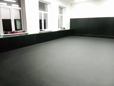 Общий вид зала единоборств ДШИ Сенгилей: черные протекторы, ролл-мат и оборудование