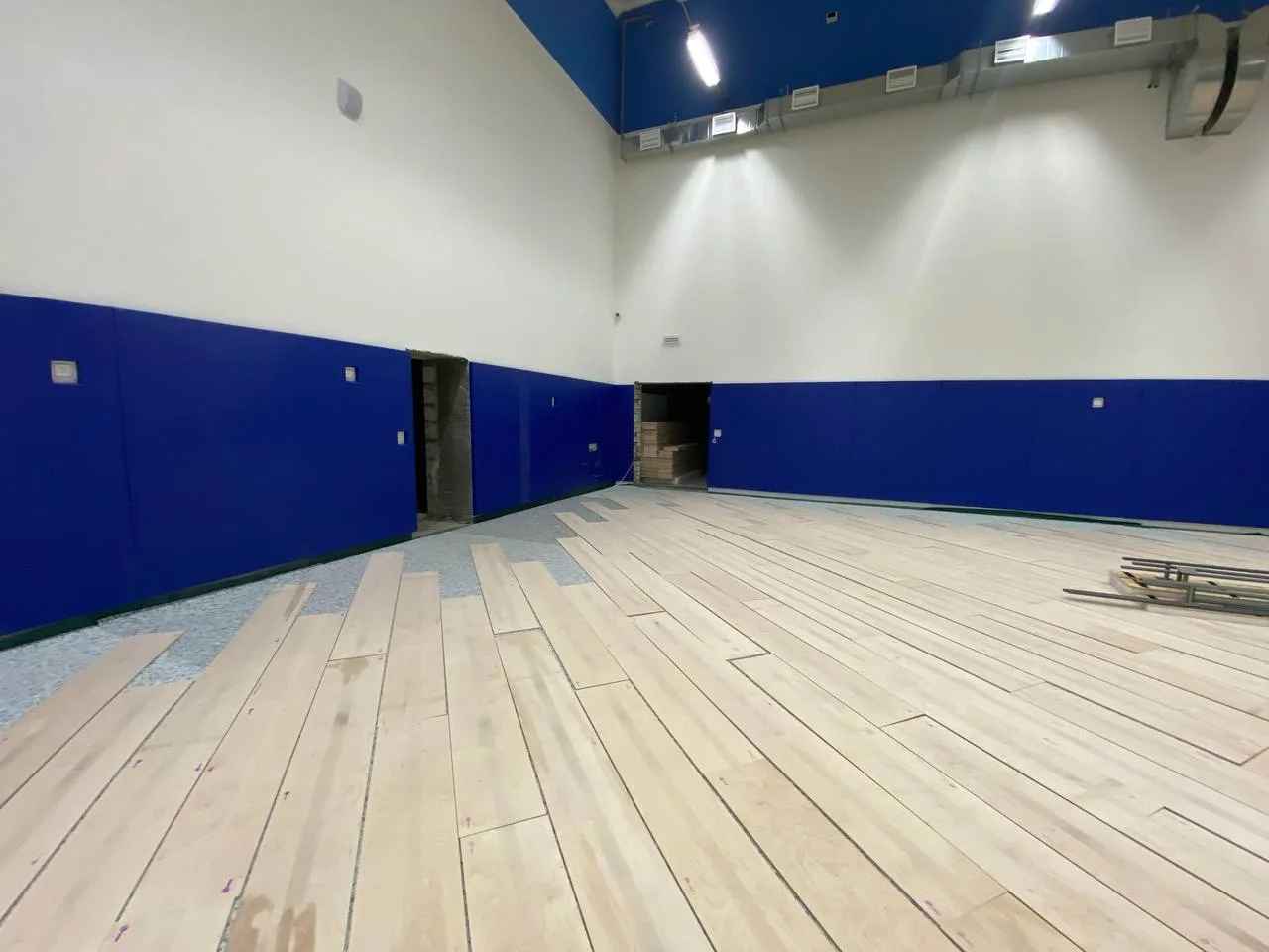 Линия синих стеновых протекторов вдоль стены при ярком освещении