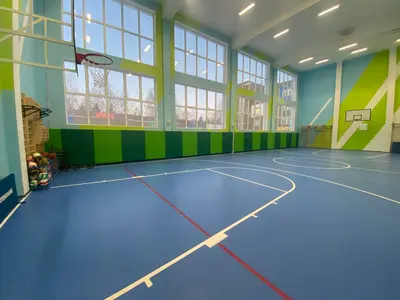 Готовый спортзал Созвездие с зелеными протекторами двух оттенков, синим полом и баскетбольными кольцами