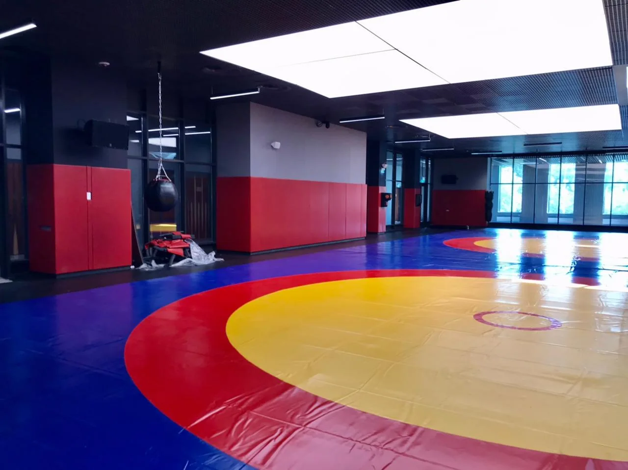 Зал единоборств с борцовским ковром, красными стеновыми протекторами и боксёрской грушей